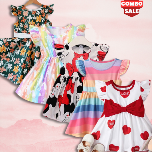 BabyGirl's Cotton Micky Mouse_Green Floral_Red Heart_Multicolor Designer Frocks & Dresses Combo for Kids.