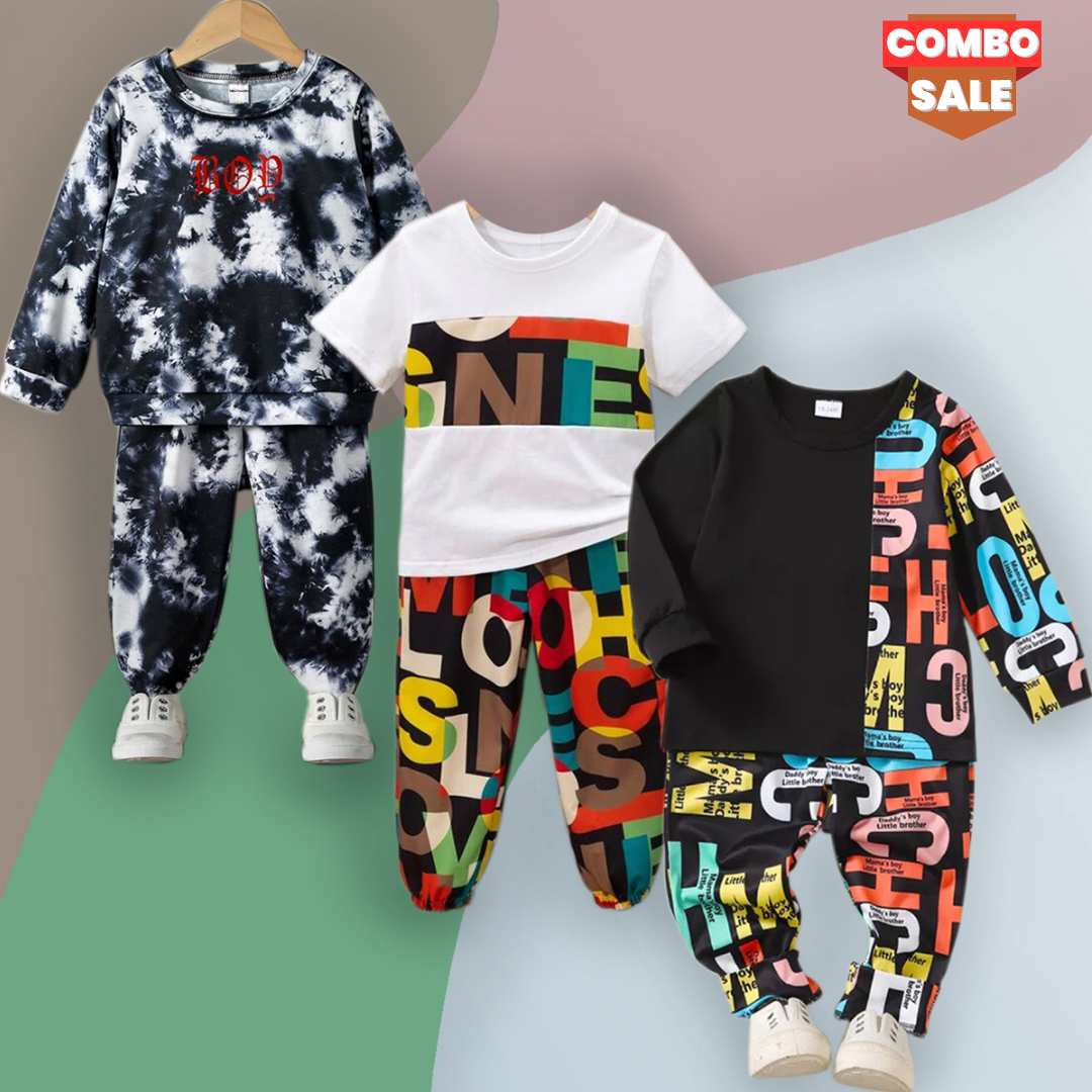 Venutaloza Stylish Baby Set Tie Dye Fleece & Letter Graphic & Alphabet Letter (Combo Pack Of 3) T-Shirt & Pants.