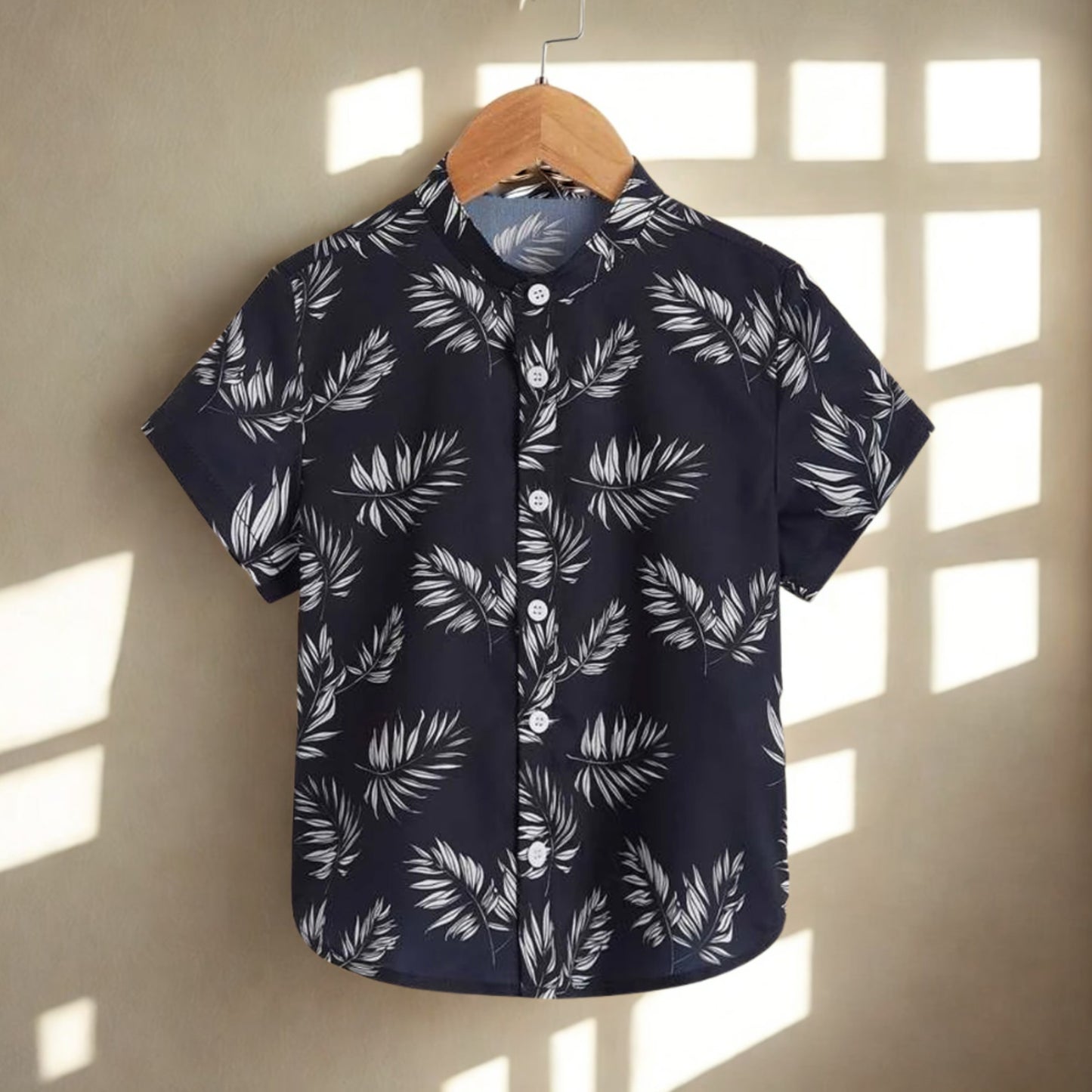 Venutaloza Tropical Floral Black Print Button Front Shirt For Boy.