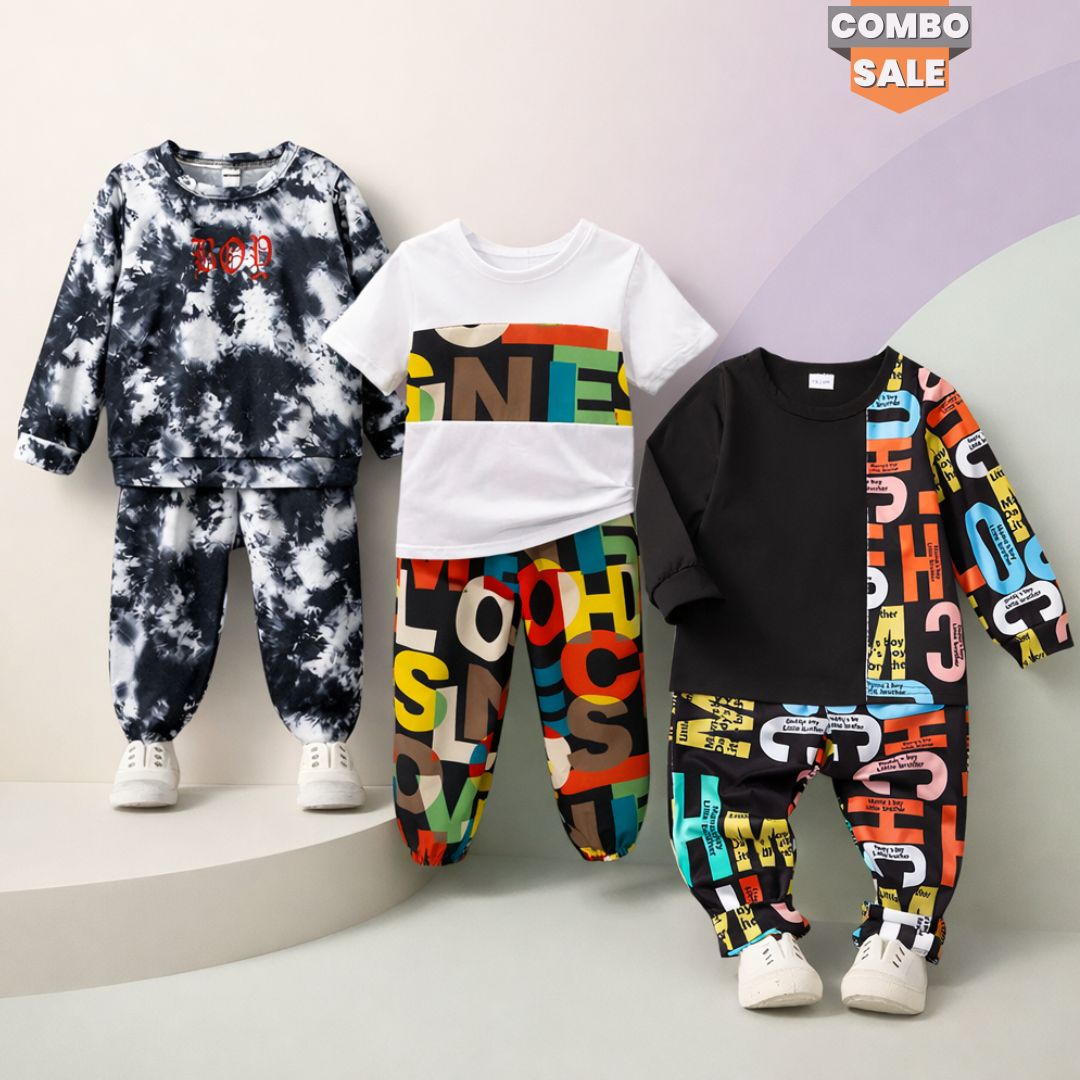 Venutaloza Stylish Baby Set Tie Dye Fleece & Letter Graphic & Alphabet Letter (Combo Pack Of 3) T-Shirt & Pants.