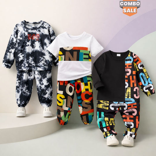 Venutaloza Stylish Baby Set Tie Dye Fleece & Letter Graphic & Alphabet Letter (Combo Pack Of 3) T-Shirt & Pants.
