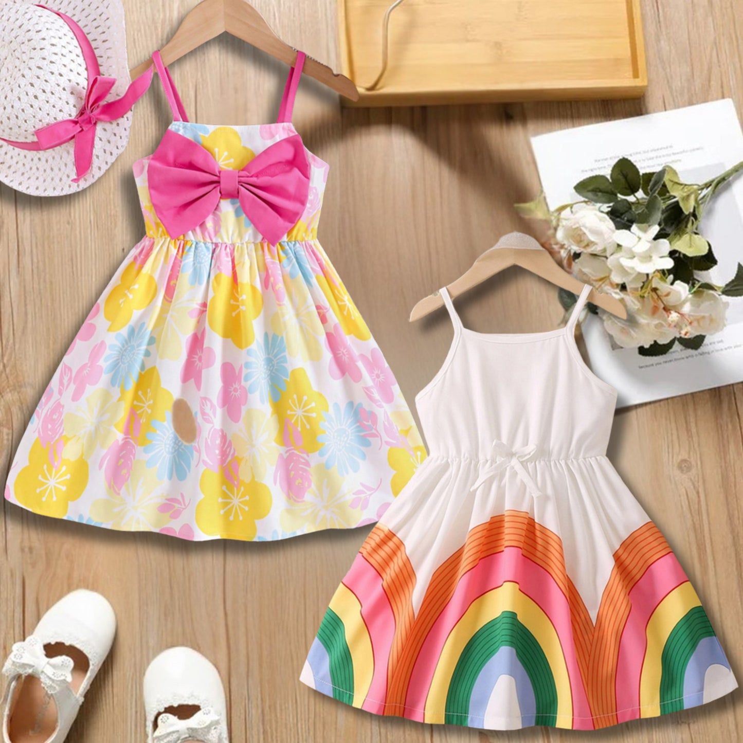 Girl's Floral & Rainbow Frocks (Combo Pack Of 2) For Girl's.