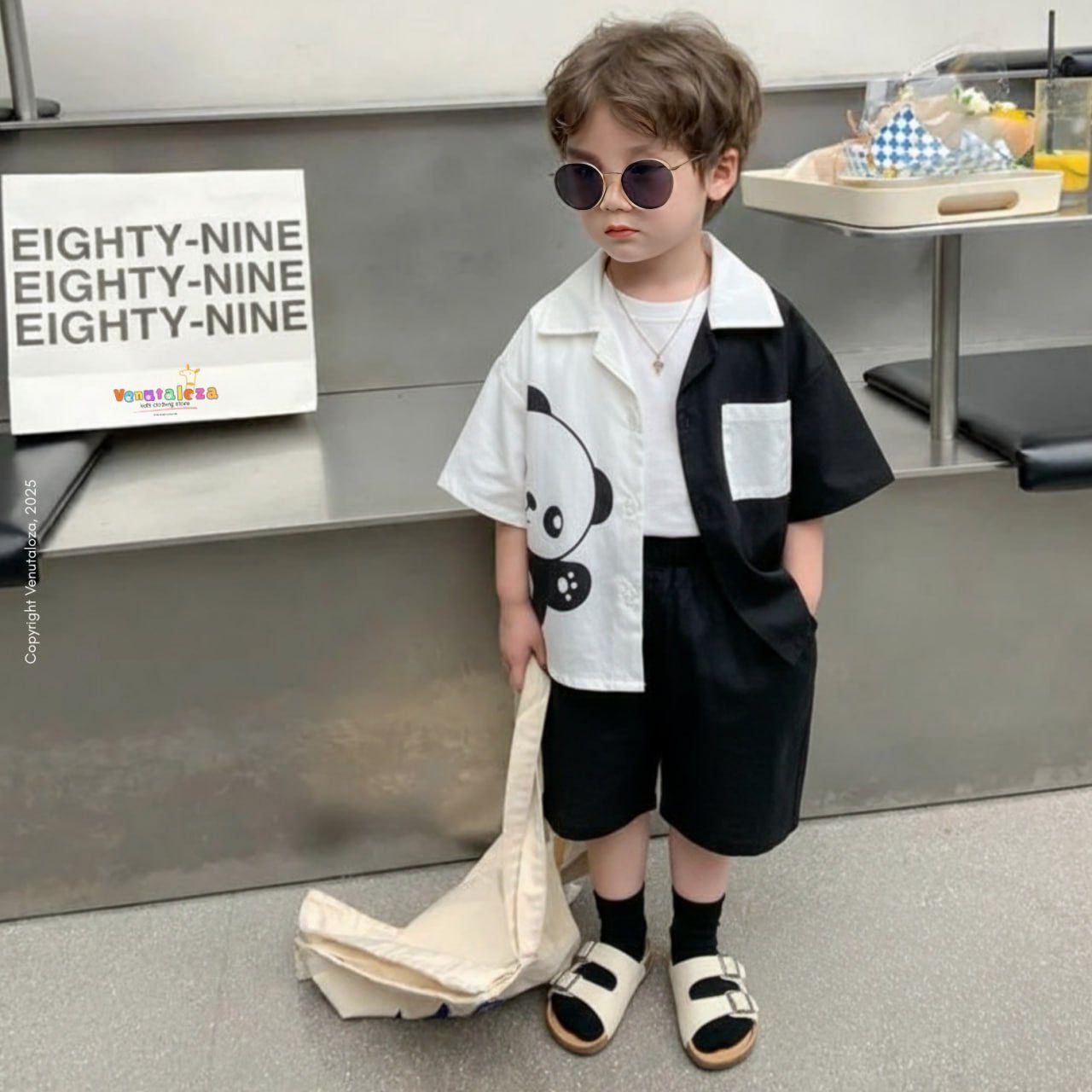 Venutaloza Boy's Panda Designer Short Sleeve Shirt And Shorts Without Tai Two Piece Set.