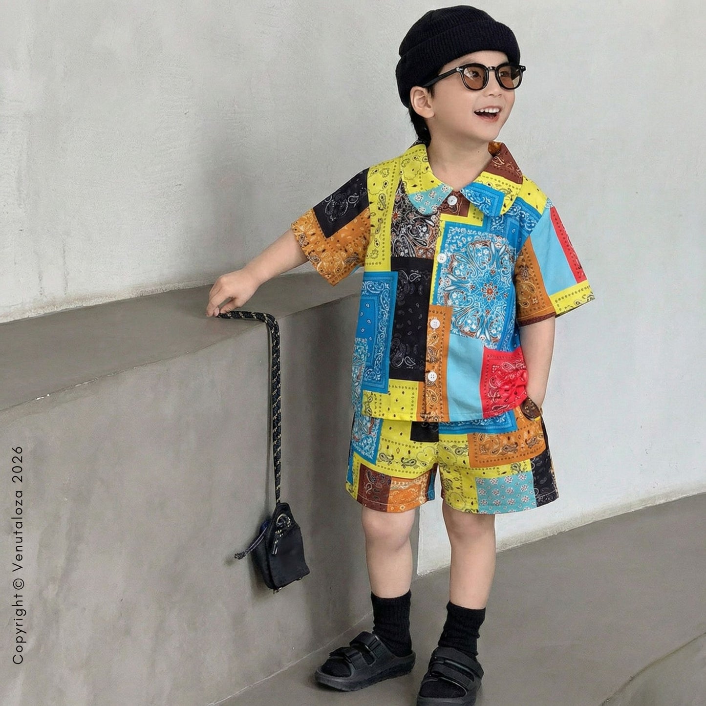 Venutaloza Toddler Boys Sunshine Patchwork Shirt & Shorts Without tee Two Piece Set.