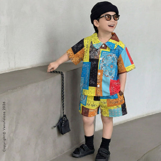 Venutaloza Toddler Boys Sunshine Patchwork Shirt & Shorts Without tee Two Piece Set.