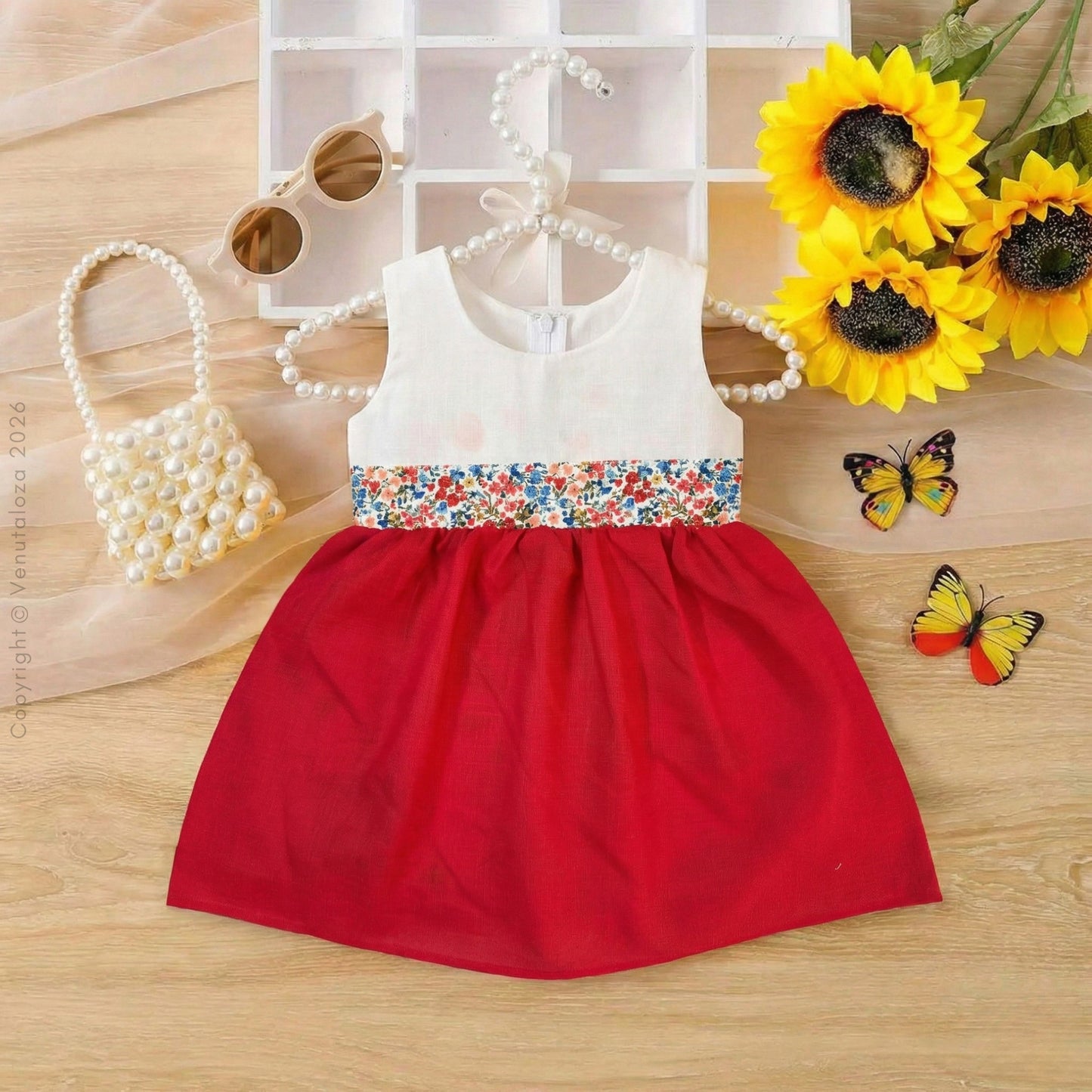 Princess BabyGirl's Stylish White Red Multicolor Floral Designer Midi Frock_ Dresses for Baby Girl.