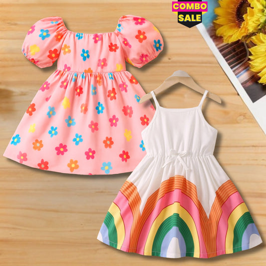 Baby Girl's Florl & Rainbow Frocks (Combo Pack Of 2) For Girl's.