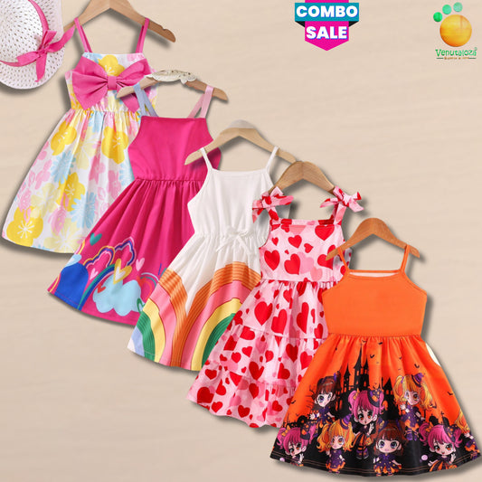 BabyGirl's Cotton Multicolor Designer Frocks & Dresses (Combo Pack Of 5) for Kids.