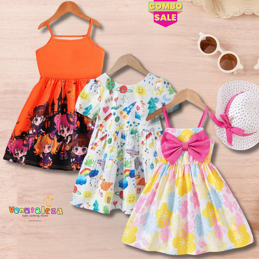 Baby Girl's Floral & Rainbow & Princess Dresses_Frocks (Combo Pack 3) for Kids.