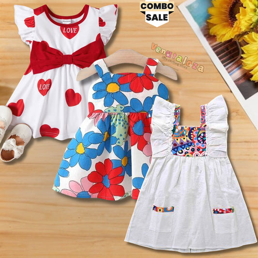 BabyGirl's Floral & Love Heart's Princess Stylish Dresses_Frocks 3 Combo for Kids.
