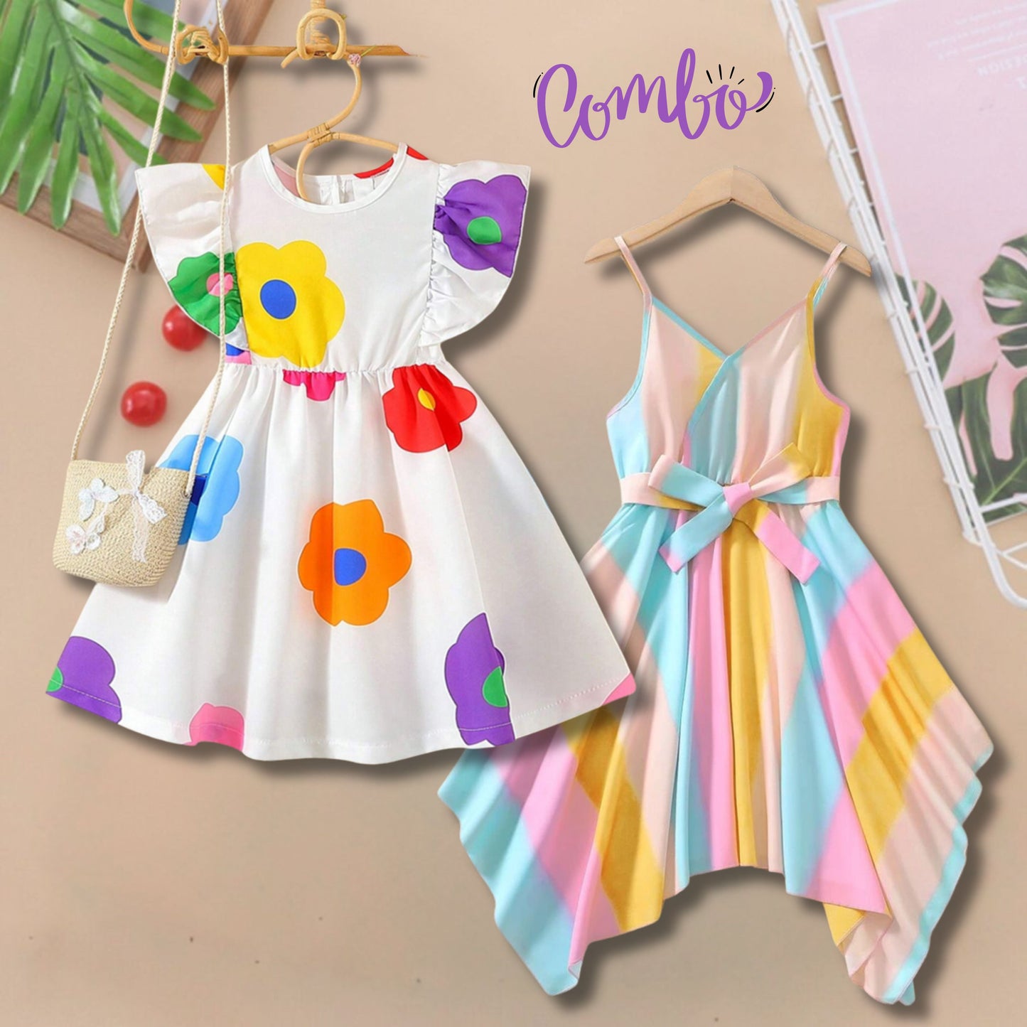 Baby Hanky Hem Belted & Round Neck Ruffle Floral  Dress (Combo Pack Of 2) For Girl's.