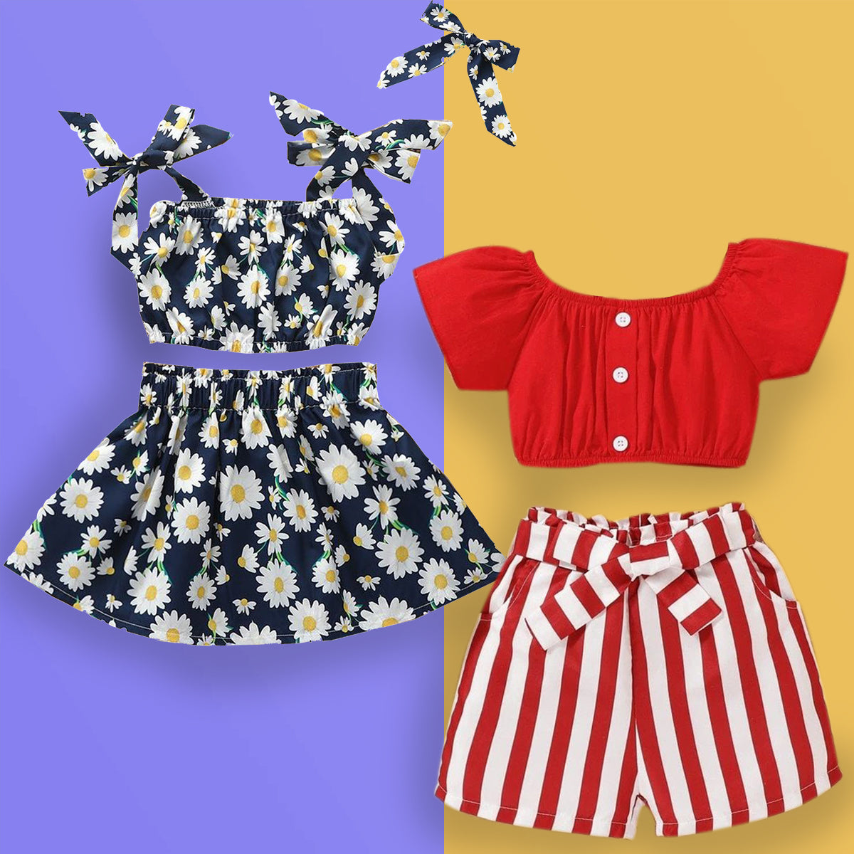 Princess BabyGirl's Stylish Cotton Red Lining Belt & Blue Floral Set (Combo Pack Of 2) for Kids.