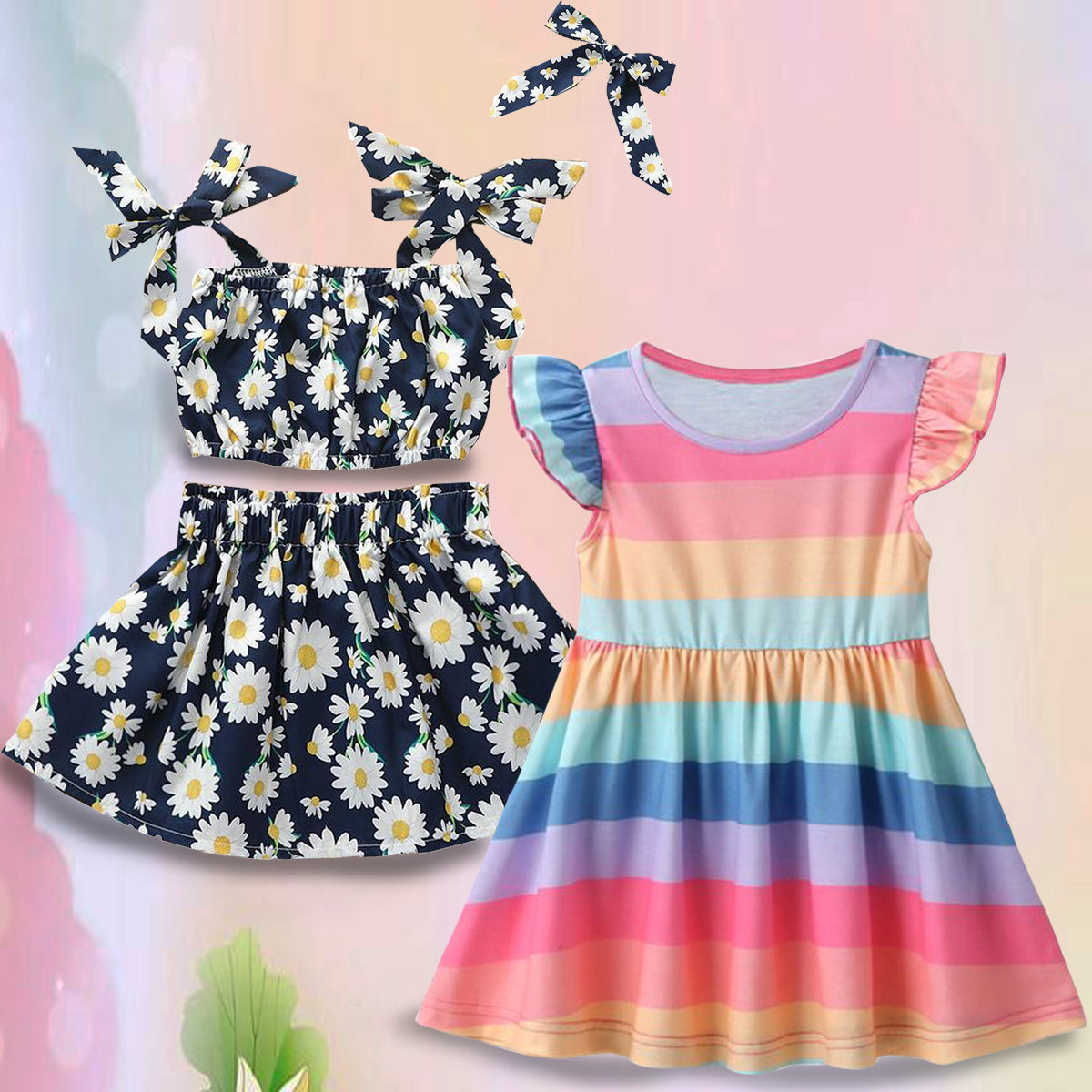 Princess Stylish Designer Blue Floral Wrap Set & Multicolor Lines Dresses & Frocks Combo for Baby Girls.