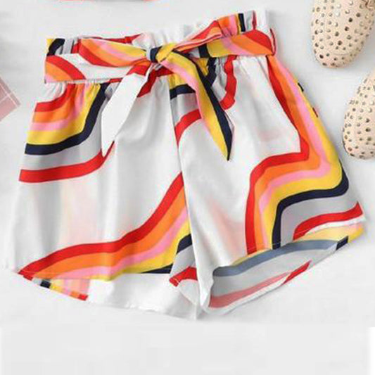 Toddler Girls Block Striped Belted Shorts For BabyGirls.