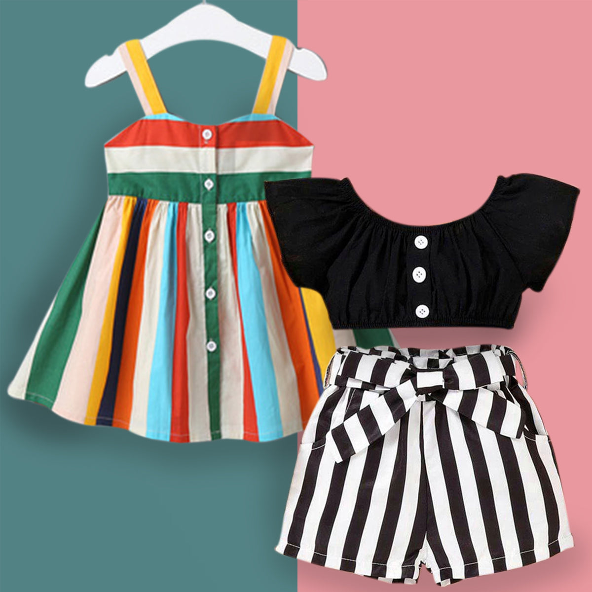 BabyGirl's Multicolor Strip Tunic Dress & Black Strip Top Sleeveless And Shorts (Combo Pack Of 2) for Kids.