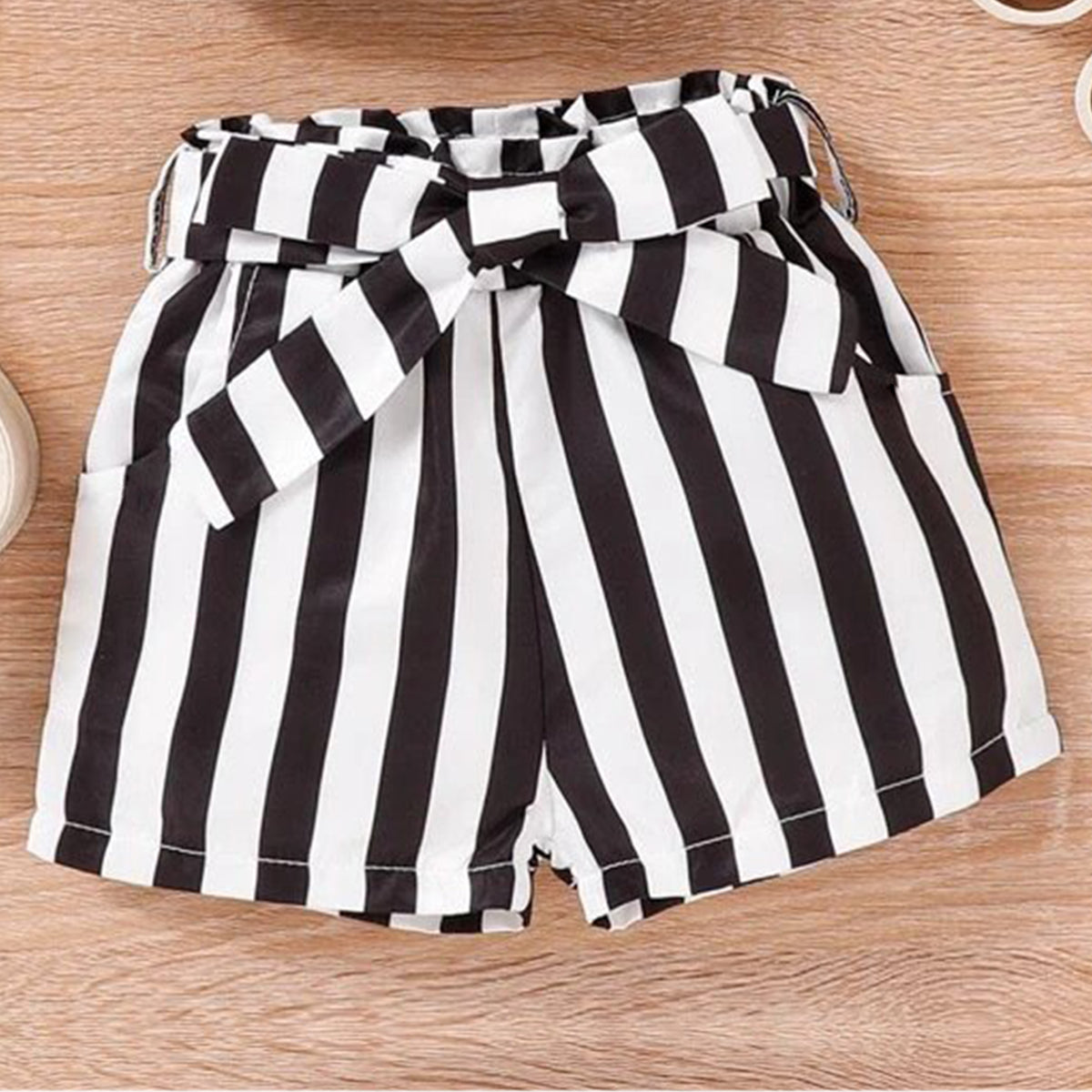 Toddler Girls Striped Black Peparbag Waist Belted Shorts For BabyGirls.