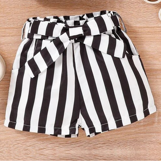 Toddler Girls Striped Black Peparbag Waist Belted Shorts For BabyGirls.
