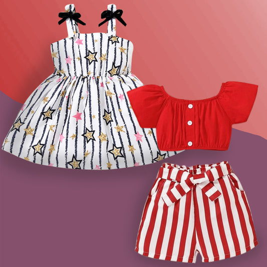 Stylish BabyGirl's White Star Tunic Dresses_Frocks & Red Lining Top And Shorts (Combo Pack Of 2) for Kids.