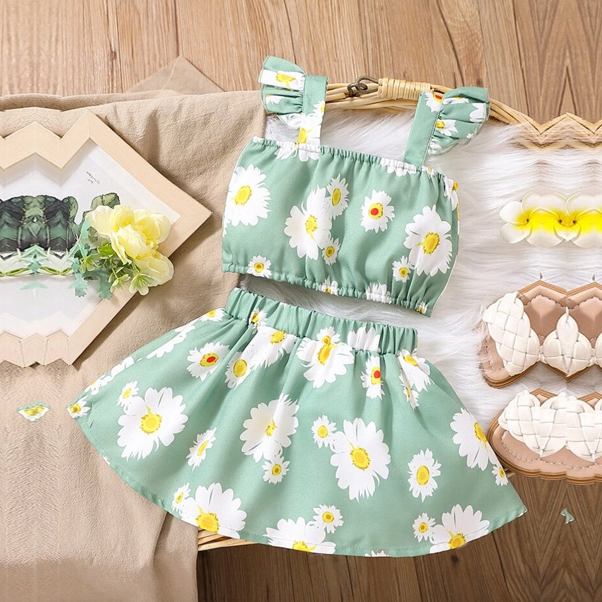 Girls Allover Daisy Floral Green Off-Shoulder Crop Top & Skirt Set For Baby Girls.