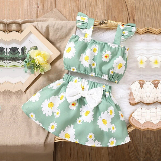 Girls Allover Daisy Floral Green Off-Shoulder Crop Top & Skirt Set For Baby Girls.