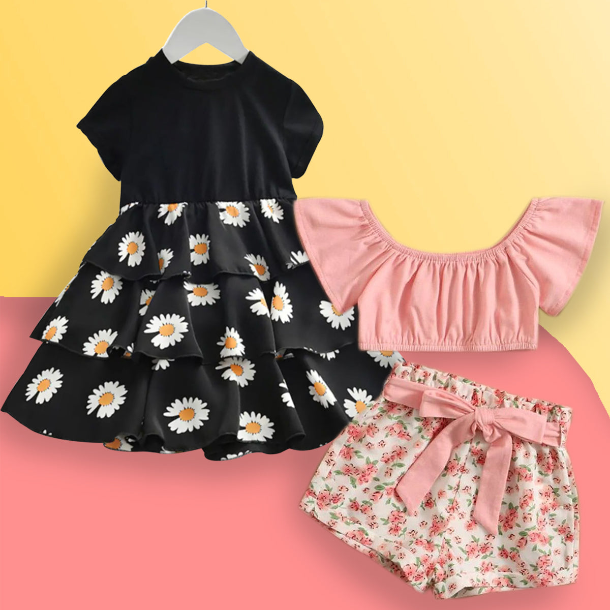 Stylish Princess BabyGirl's Black Multicolor Floral Tunic Dress & Pink Floral Top And Shorts (Combo Pack Of 2) for Kids.