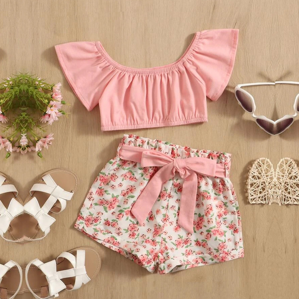Crop Pink Floral Stylish Butterfly Sleeve Top And Belted Shorts For Baby Girls.