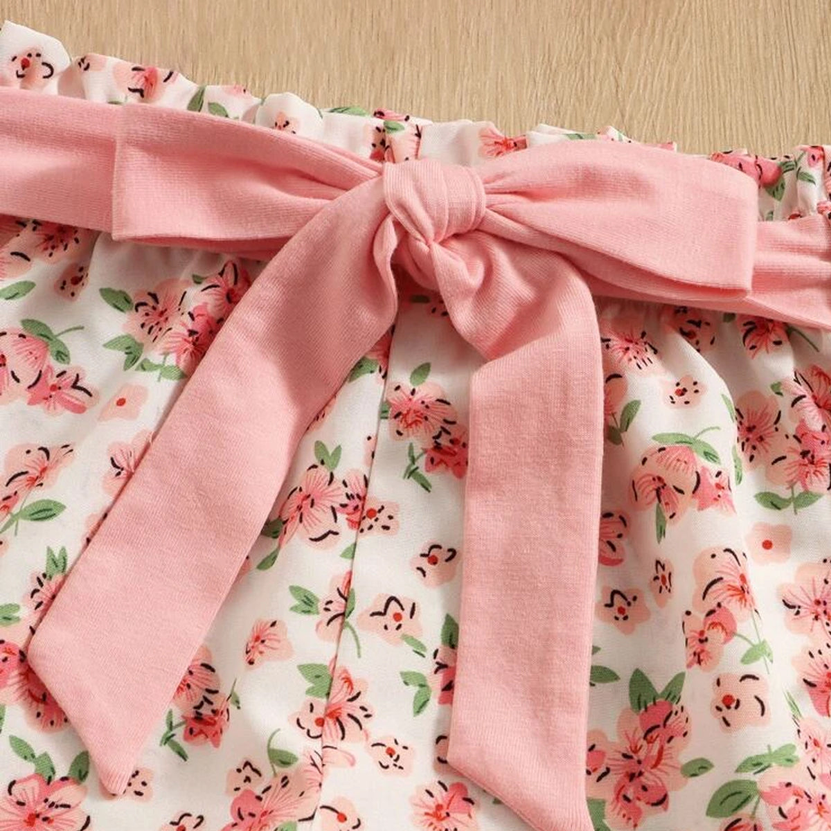 Crop Pink Floral Stylish Butterfly Sleeve Top And Belted Shorts For Baby Girls.