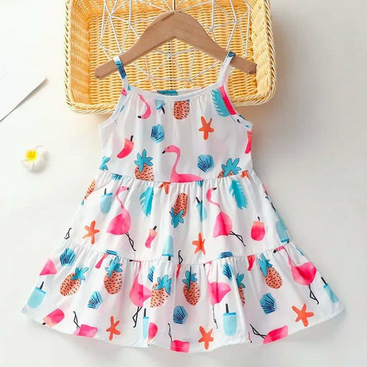 Girls Flamingo Print Ruffle Trim Frock Dress for Baby Girl.