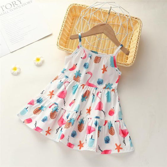 Girls Flamingo Print Ruffle Trim Frock Dress for Baby Girl.