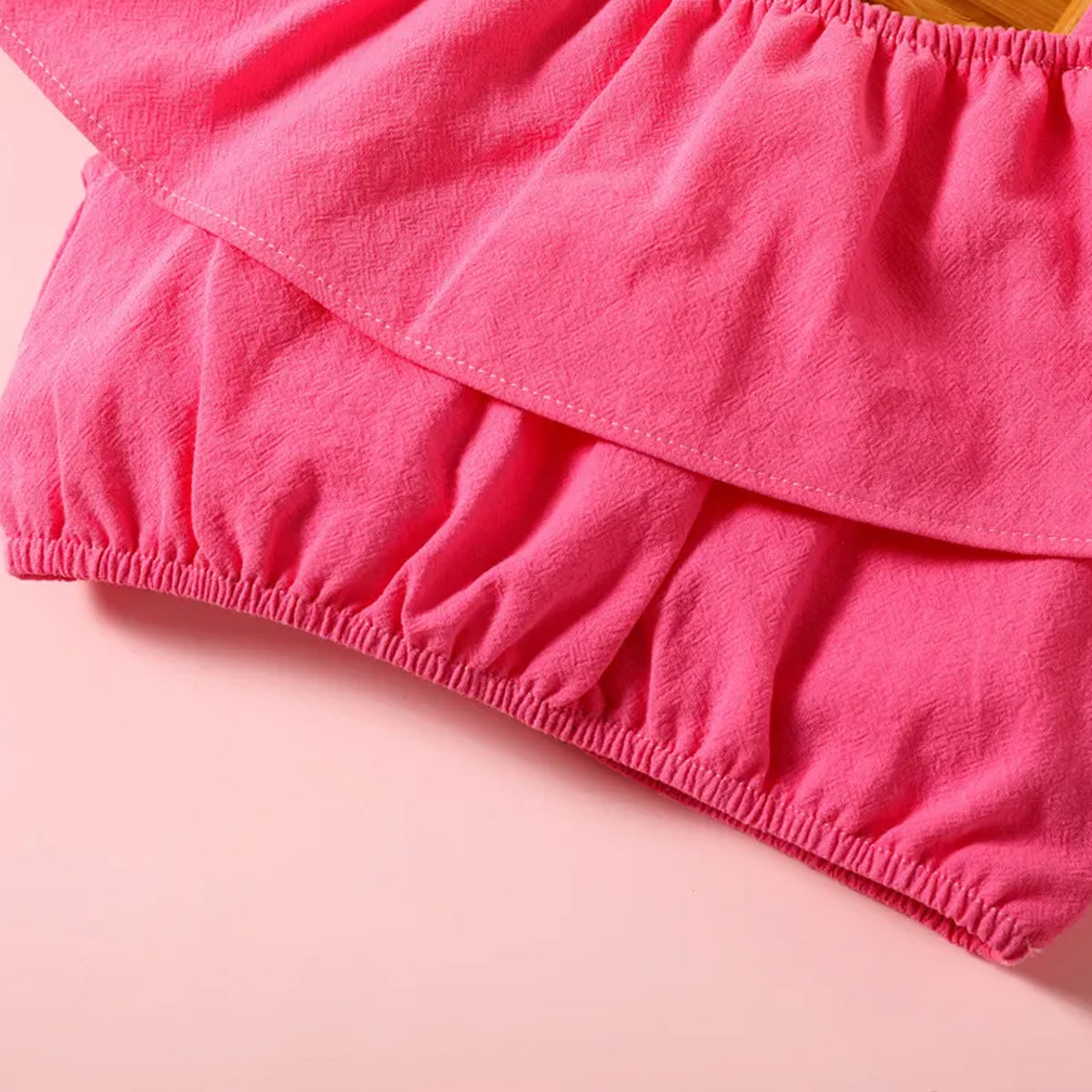 Toddler Kids Off-Shoulder Crop Stylish Butterfly Sleeve Top And Belted Shorts For Baby Girls.
