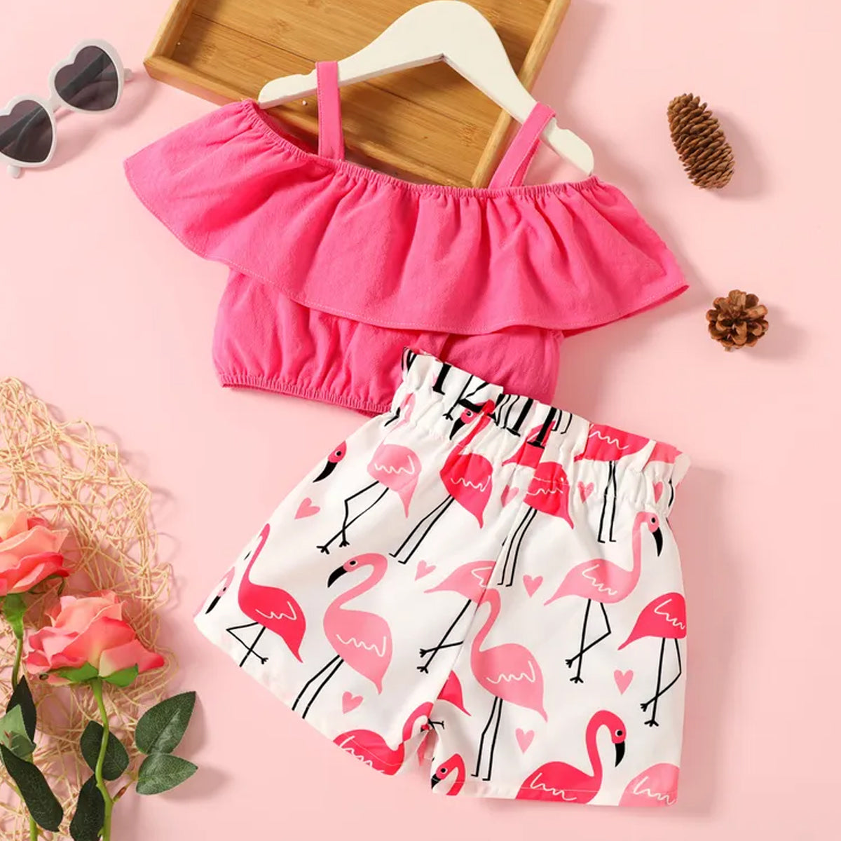 Toddler Kids Off-Shoulder Crop Stylish Butterfly Sleeve Top And Belted Shorts For Baby Girls.