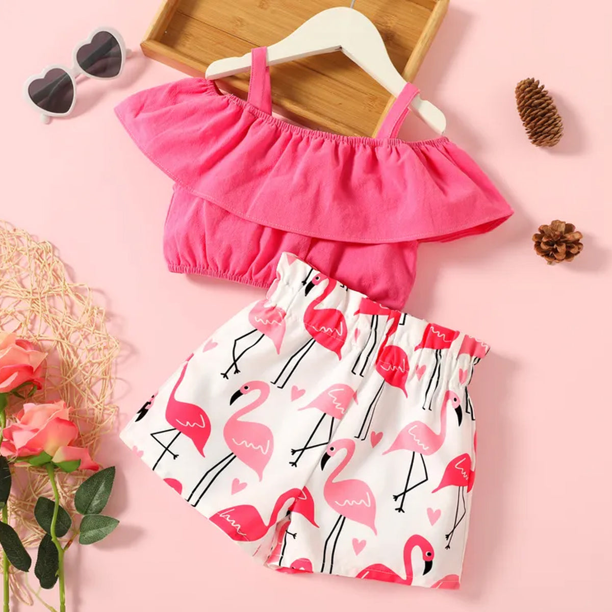 Toddler Kids Off-Shoulder Crop Stylish Butterfly Sleeve Top And Belted Shorts For Baby Girls.