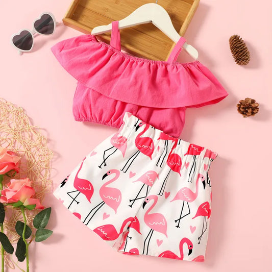 Toddler Kids Off-Shoulder Crop Stylish Butterfly Sleeve Top And Belted Shorts For Baby Girls.