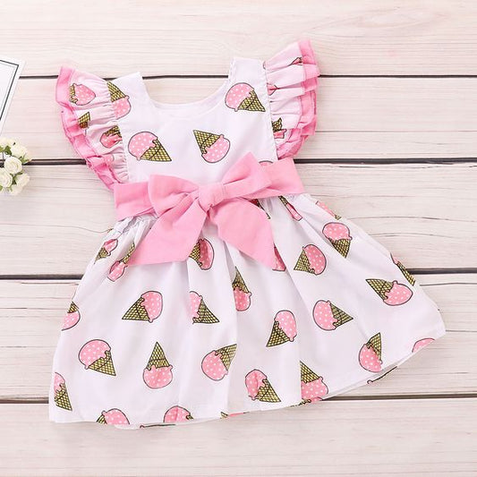 Girl Ice Cream Print Contrast Schiffy Babydoll Frock Dress for Baby Girl.