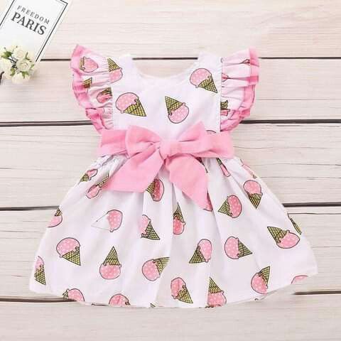 Girl Ice Cream Print Contrast Schiffy Babydoll Frock Dress for Baby Girl.