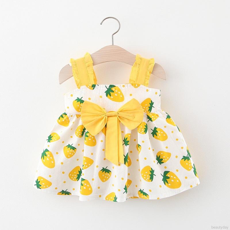 Kids Yellow Strawberry Stylish Strips Design Midi Frock Dress for Baby Girl.