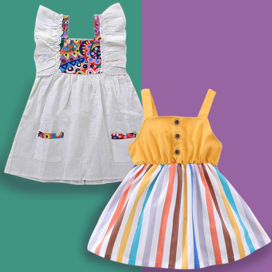 Princess BabyGirl's Yellow Lining_White Pocket Tunic Dresses_Frocks Combo for Kids.