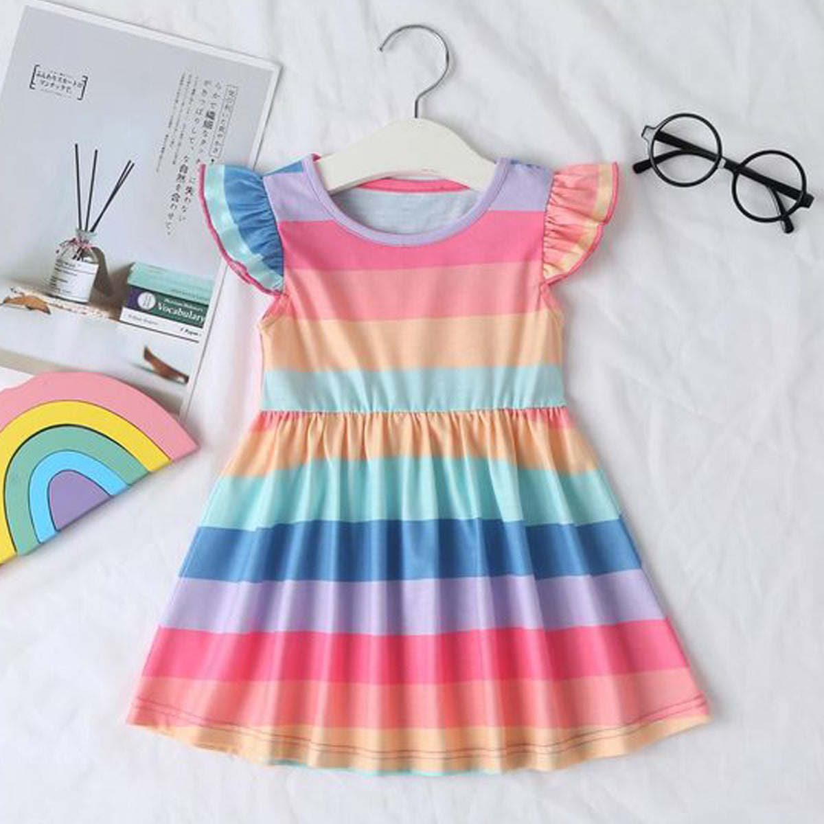 Stylish BabyGirl's White Pocket & Yellow Multi Lining & Multicolor Lining Dresses_Frocks 3 Combo for Kids.