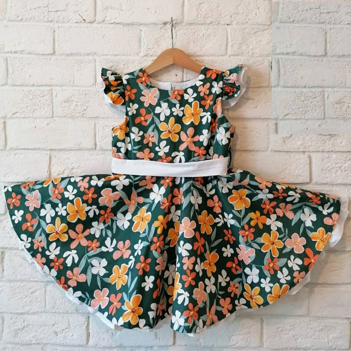 BabyGirl's Cotton Green Floral Designer Frocks & Dresses for Kids.
