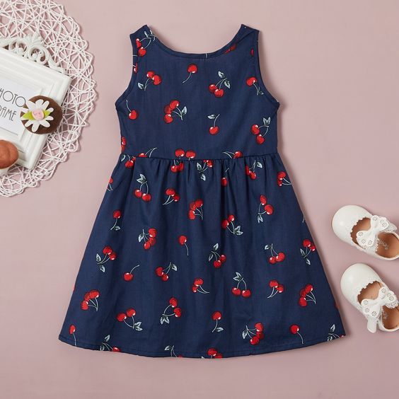 Venutaloza BabyGirl's Cotton Blue Cherry Stylish Frocks & Dresses for Kids.