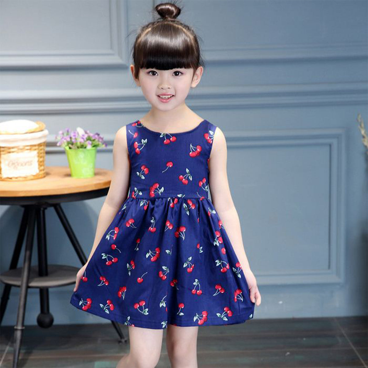 BabyGirl's Cotton Blue Cherry Stylish Frocks & Dresses for Kids.