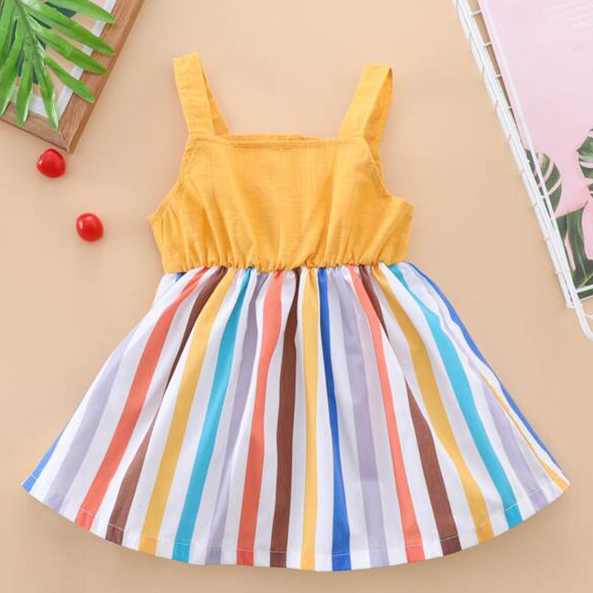 Stylish BabyGirl's White Pocket & Yellow Multi Lining & Multicolor Lining Dresses_Frocks 3 Combo for Kids.
