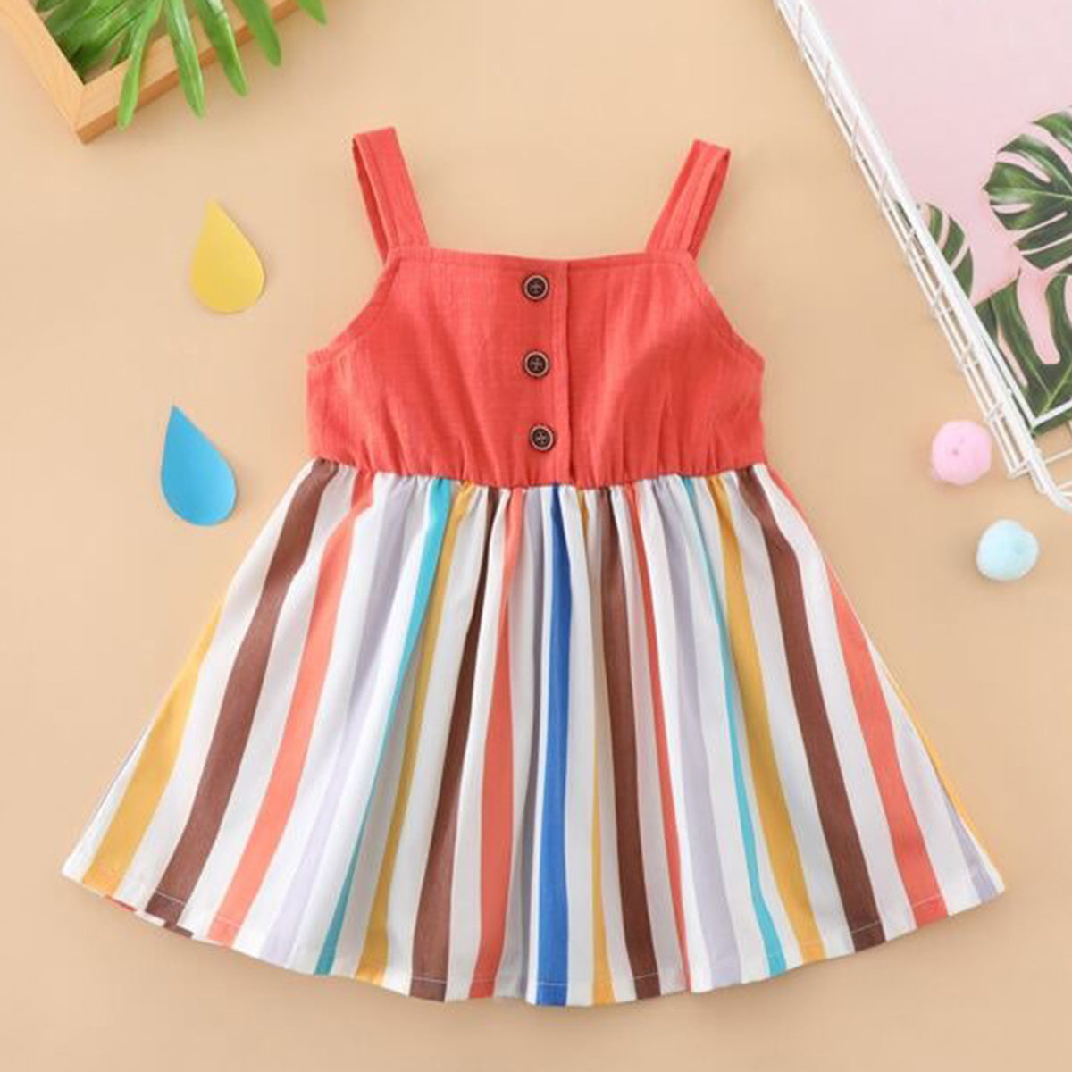 BabyGirl's Cotton Designer Orange Multi Lining Frocks & Dresses for Kids.