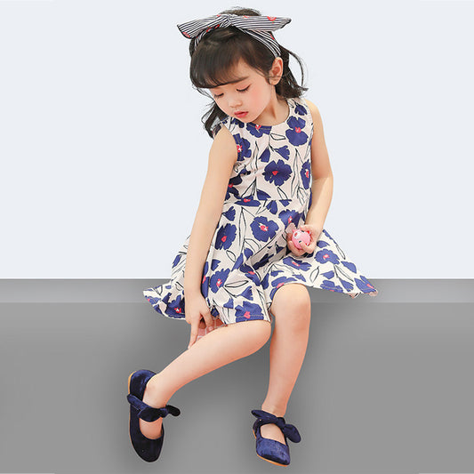 BabyGirl's Stylish Cotton Blue Floral Frocks & Dresses for Kids.