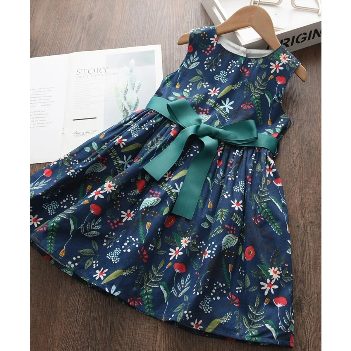 BabyGirl's Cotton Dark Blue Floral Designer Frocks & Dresses for Kids.