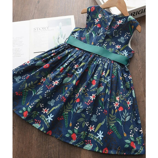 BabyGirl's Cotton Dark Blue Floral Designer Frocks & Dresses for Kids.