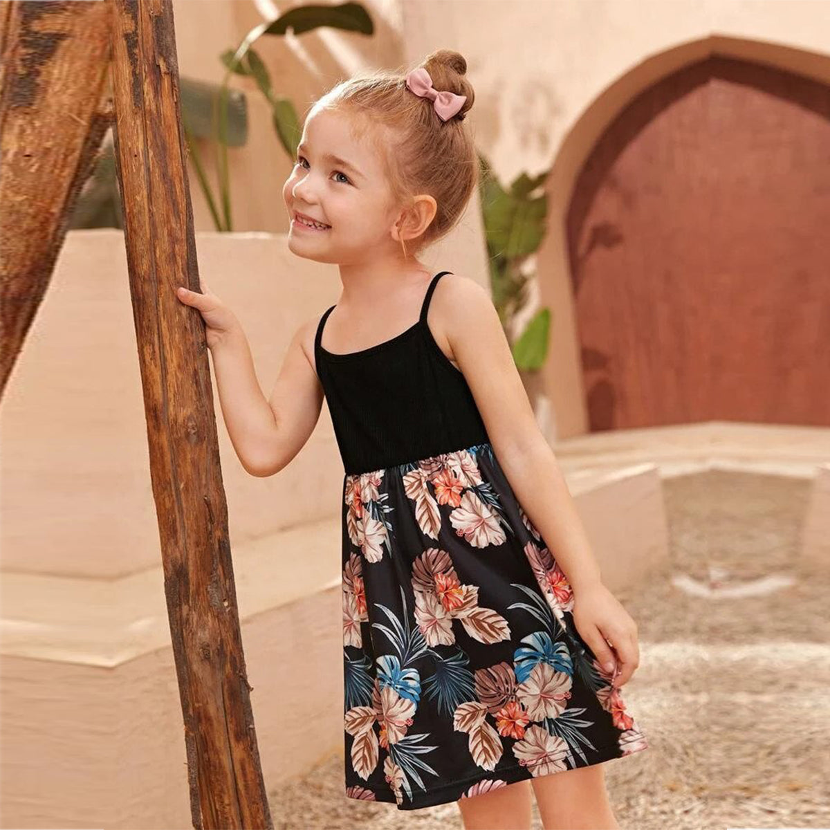 BabyGirl's Cotton Black Multicolor Foral Designer Frocks & Dresses for Kids.