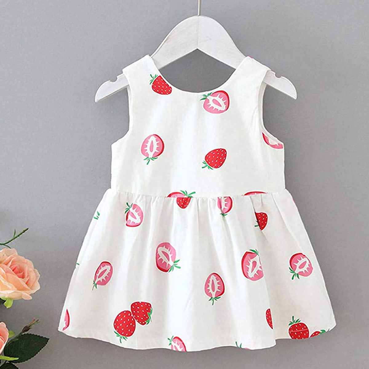 BabyGirl's Cotton White-Red Strawberry Designer Frocks & Dresses for Kids.