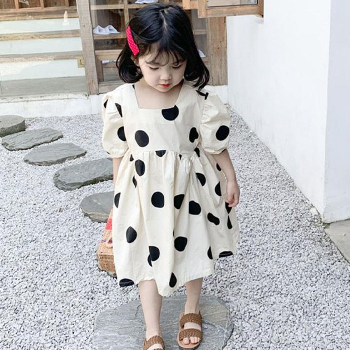 Stylish New Fashion Black Round Off_White Frock & Dress for Baby Girls.