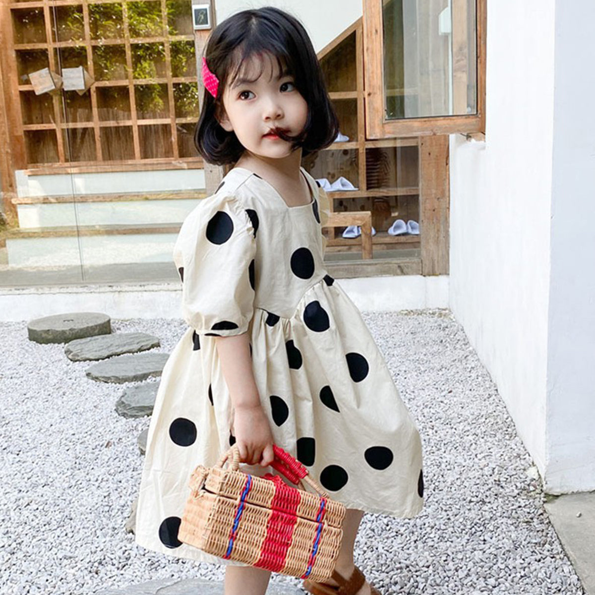 Stylish New Fashion Black Round Off_White Frock & Dress for Baby Girls.